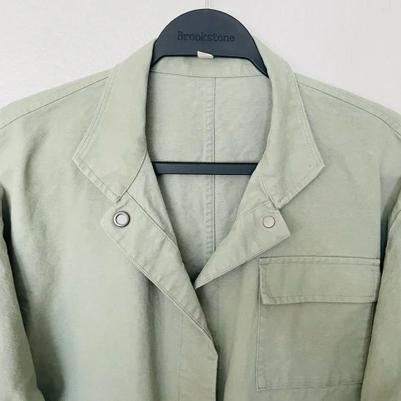Eileen Fisher Organic Cotton Hemp Green Canvas Jacket Snap Closure Size PS